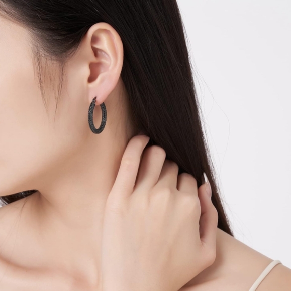 Black Pave Crystal Hoop Earrings Rhinestone Covered Blackened Metal Small Hoops - Picture 4 of 14